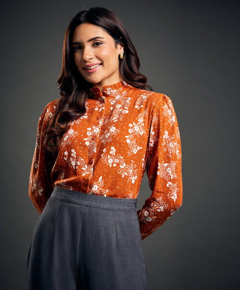 Pintuck Detailed Ditsy Floral Viscose Top